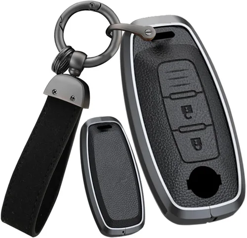 ontto Funda de metal para llavero Nissan 2023 2024, funda de piel de piel de 360 grados de protección para llaves Rogue Pathfinder X-Trail Versa