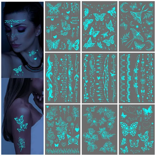 Tatuaje realista de mariposa azul que brilla en la oscuridad, temporal para mujeres adultas, flor luminosa, mariposa, hoja, tatuaje, tatuaje falso