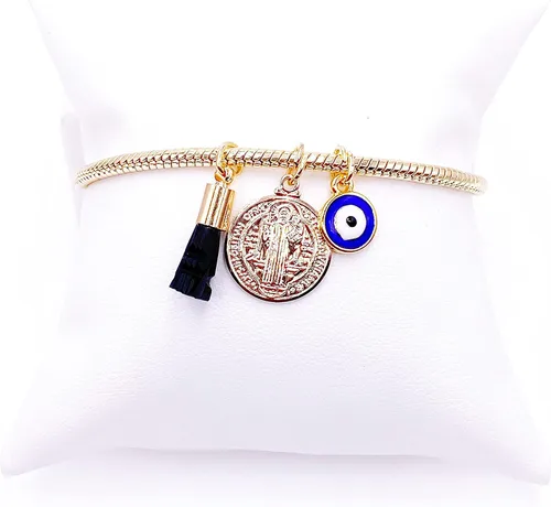 Miniatura 3 de LESLIE BOULES Pulsera de San Benito para mujer con dije de mal de ojo y piedra de azabache auténtica, Latón