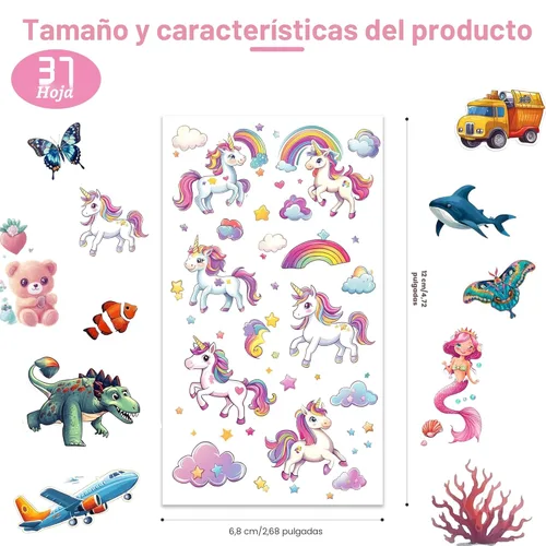 Miniatura 3 de Tatuajes para niños, más de 350 estilos mixtos (37 hojas), juego de calcomanías temporales de tatuajes, regalo para niñas y niños, dinosaurios