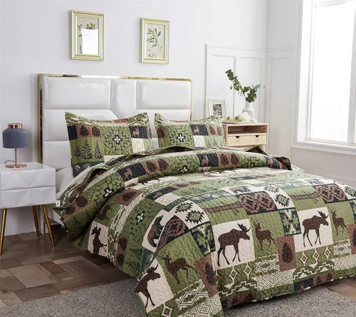 Miniatura 2 de Ycosy Juego de Edredón Rústico Lodge con Alce Ciervo Colcha Tamaño King Oso del Bosque Ciervo Edredón Verde Matcha Reversible Cubrecamas de Cabaña