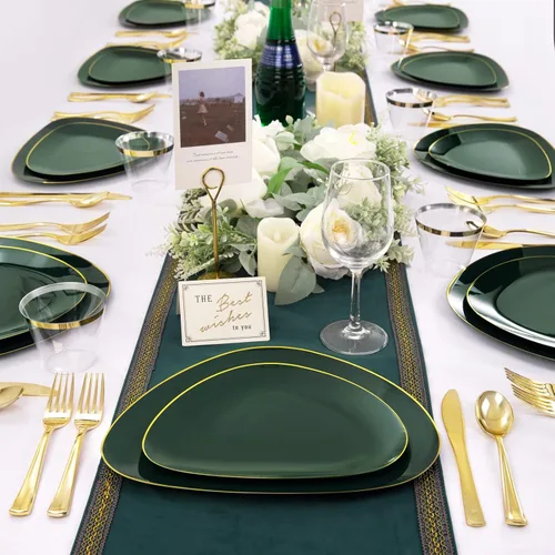 Miniatura 4 de DaYammi 180 platos de plástico verde, platos desechables de oro verde con cubiertos dorados que incluye: 30 platos llanos, 30 platos de postre, 90