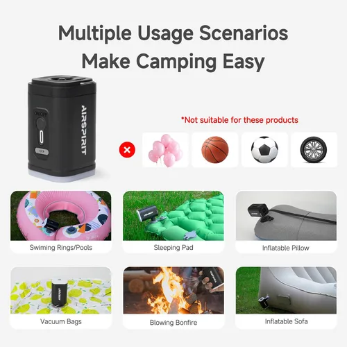 Miniatura 7 de Mini bomba de aire eléctrica portátil para inflables, luz de campamento (SOS), 5 boquillas universales, clip de mosquetón, recargable de 1200 mAh