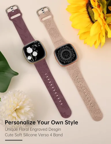 Miniatura 4 de Minyee Paquete de 2 correas grabadas florales compatibles con Fitbit Versa 4/Versa 3/Sense 2/Sense Band para mujer, lindo diseño de girasol