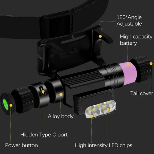 Miniatura 5 de Linterna frontal recargable, 2000 lúmenes, lámpara LED súper brillante para adultos, IP67 impermeable recargable con 9 modos, linterna de cabeza