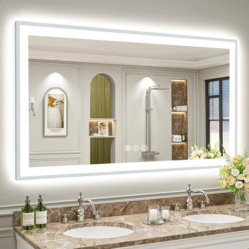 Miniatura 103 de 24x30 Espejo de baño LED con marco negro con luces, retroiluminado + iluminación frontal, espejo de tocador iluminado antivaho para pared de baño