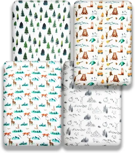 Miniatura 4 de Juego de 4 sábanas ajustables unisex para cuna, diseño de animales del bosque del bosque, de madera, neutro, para bebés, niños o niñas, bosque