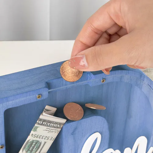 Miniatura 5 de callie Hucha personalizada con múltiples fuentes con texto multicolor grabado, caja de dinero personalizada de madera con inicial para niños