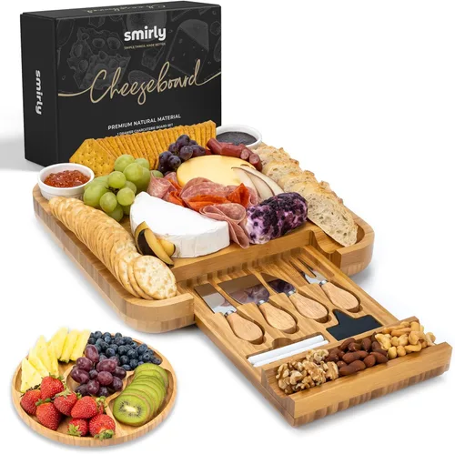 SMIRLY Charcutería - Juego de tablas de queso de bambú grande para servir, regalos de inauguración de la casa para el nuevo hogar, boda, despedida