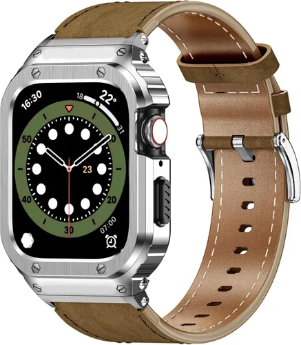 Miniatura 16 de SUPLINK Correa de cuero con funda de acero inoxidable para Apple Watch Ultra 3/2/1 y SE 3/2/1 y Series 11 10 9 8 7 6 5 4 3 2 1 1.929 in 1.811 in