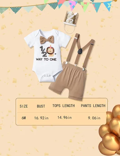 Miniatura 7 de DONWEN Conjunto de ropa de medio cumpleaños para bebé niño 12 Way to One con corbatín y tirantes cortos