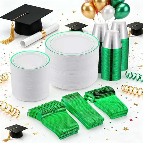 Miniatura 10 de Juego de vajilla de oro de 175 piezas para 25 invitados, platos desechables de plástico blanco con borde dorado resistentes para fiesta y boda
