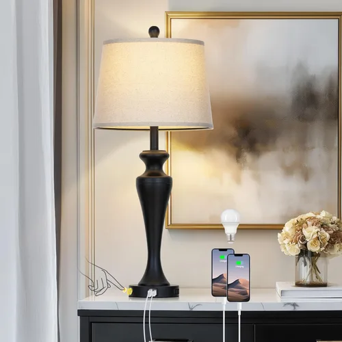 Miniatura 11 de Lámpara de mesa marrón oscuro de 30 pulgadas, lámpara de noche individual con control táctil de 3 vías con puertos USB A+C y salida de CA, lámparas