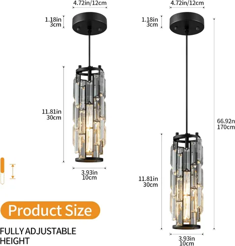 Miniatura 3 de LMQNINE - 1 luz para iluminación colgante color negro, lámpara colgante moderna, mini candelabros de cristal, lámpara colgante ajustable