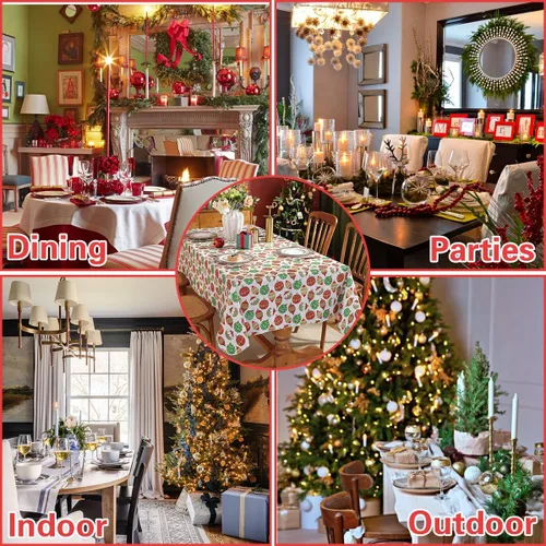 Miniatura 7 de Mantel de Navidad de vinilo con reverso de franela, rectangular, 52 x 70 pulgadas, patrón de bolas de Navidad, 100% impermeable, mantel de plástico
