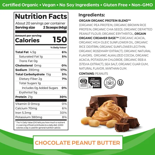 Miniatura 3 de Orgain Proteína vegana orgánica en polvo, mantequilla de maní de chocolate (0.81 onzas de proteína) y vainilla (0.81 onzas de proteína), a base