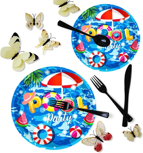 Miniatura 7 de Juego de 175 piezas de suministros para fiesta de piscina, juego de fiesta de playa de 9 pulgadas, platos de fiesta de piscina, 7 pulgadas, plato