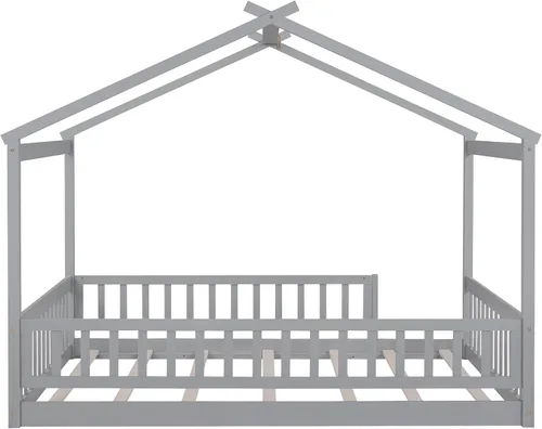 Miniatura 5 de MERITLINE Cama individual Montessori para niños, marco de cama individual Montessori con rieles y techo, no necesita somier, para niños, Gris