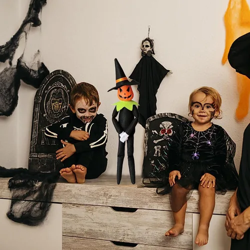 DANONI Muñeca elfo de calabaza de Halloween, 14 pulgadas hecha a mano, adorno de juguete de calabaza elfo para decoración de mesa de vacaciones Verde