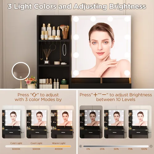 Miniatura 3 de ERLEJIA Escritorio de tocador con espejo y luces, escritorio de maquillaje de 43.3 pulgadas con taburete y toma de corriente, 5 cajones y estantes