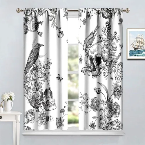 Miniatura 9 de Cortinas góticas de bosque de cuervos, para Halloween, espeluznante, negro, cuervo negro, alas oscuras, suspenso, bolsillo para barra, cortinas
