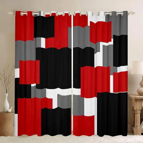 Miniatura 27 de Cortina de ventana de rayas rojas y negras, cortinas abstractas con ondas circulares, cortinas geométricas para tratamiento de ventanas para niños