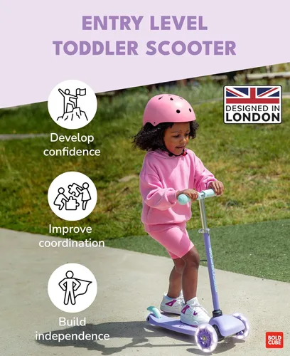 Miniatura 2 de BOLDCUBE Teeny Patinete de 3 ruedas color menta para niños y niñas de 3 a 6 años Ruedas intermitentes Altura ajustable de 53 a 70 cm Mi Lila