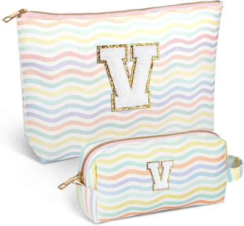 Miniatura 24 de Bolsa de viaje de maquillaje con monograma de 2 piezas para regalos de niñas adolescentes, bolsa de cosméticos para niñas, bolsa de aseo de viaje