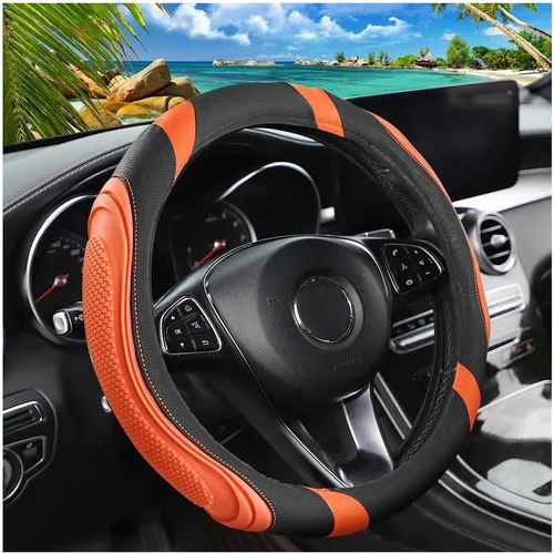 Miniatura 7 de Osilly Funda de cuero para volante de automóvil de 15 pulgadas, accesorios automotrices elástica, transpirable, antideslizante, protector de volante