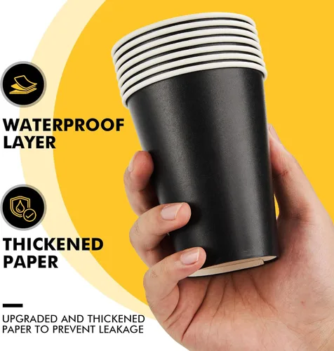 Miniatura 6 de RACETOP Tazas de café de papel de 12 onzas, paquete de 100 tazas de café desechables negras con tapas, tazas de papel caliente con tapas, taza