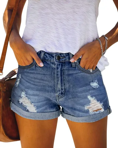 CHICZONE - Pantalones cortos de mezclilla rasgados para mujer, tiro medio, tipo jeans desgastados, elásticos