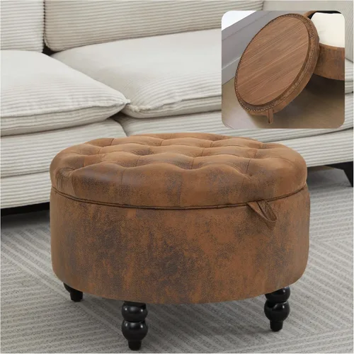 Miniatura 11 de Otomana de almacenamiento redonda de cuero PU de 30 pulgadas con bandeja, mesa de centro moderna tapizada con capitoné con almacenamiento, otomana