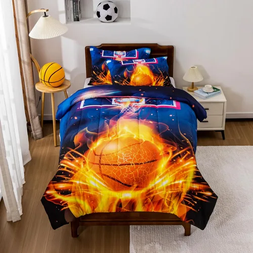 Btargot Juego de edredón de baloncesto para cancha de fuego, tamaño individual para niños y adolescentes, impresión de juegos de deportes de pelota,