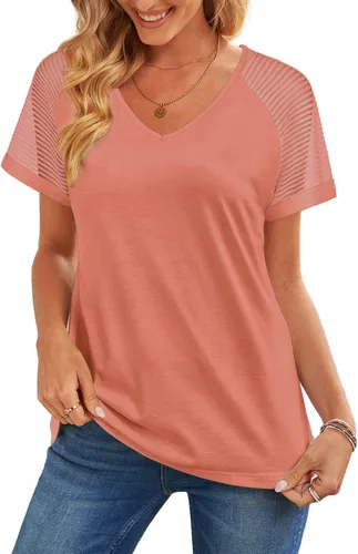 Miniatura 3 de WEESO - Camisetas informales con cuello en V para mujer, diseño elegante de manga corta con malla