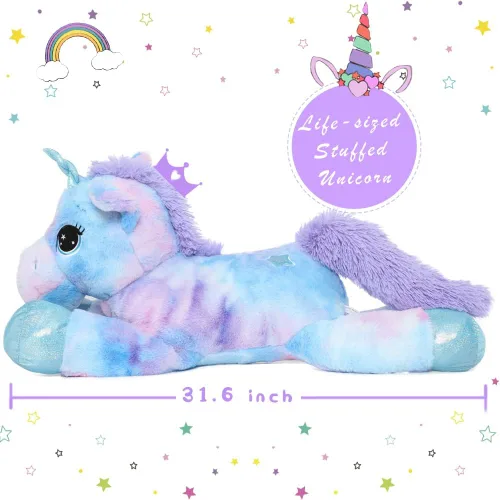 Miniatura 3 de Muiteiur Animal de peluche de unicornio de 31.6 pulgadas, unicornio de peluche grande para niñas, almohada de felpa suave, regalos para niñas y Azul