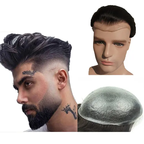 Miniatura 8 de N.L.W. Peluquín de cabello humano para hombres, base de piel fina de 0.04mm PU, tamaño base 25 x 20 cm, nudos en V, prótesis capilar, sistema