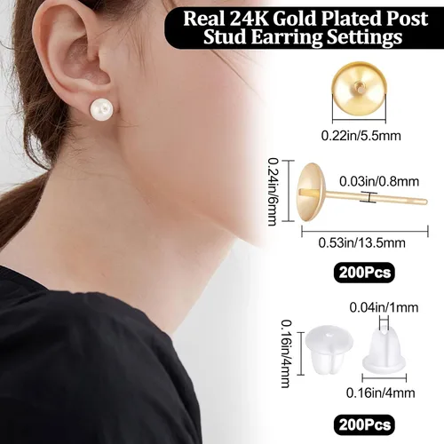Miniatura 2 de Beebeecraft 1 caja de 200 piezas de aretes de perlas chapados en oro de 24 quilates para cuentas medio perforadas con 200 tuercas de plástico