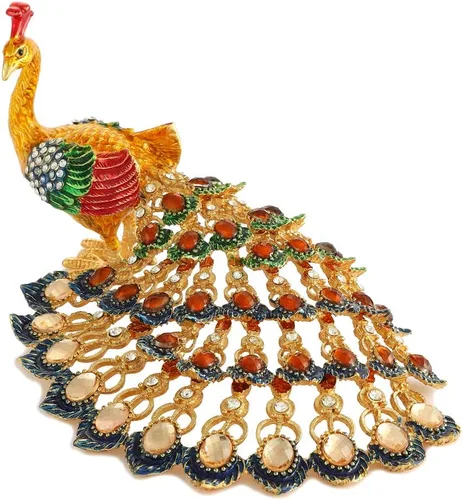 Joyero esmaltado con bisagras de pavo real, pintados a mano, adornos de animales, regalo artesanal para decoración del hogar (dorado)