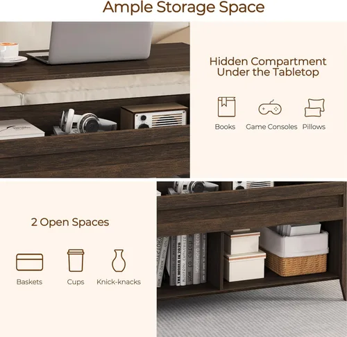 Miniatura 7 de Yaheetech Mesa de Centro con Tapa Elevable con Compartimento de Almacenamiento Oculto y 2 Estantes Abiertos, Tablero Elevable Mesa Central Emergente