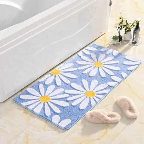 Miniatura 6 de QJHOMO Alfombra de baño azul con diseño de margaritas, decoración de flores blancas y amarillas, alfombra antideslizante de microfibra, súper Azul