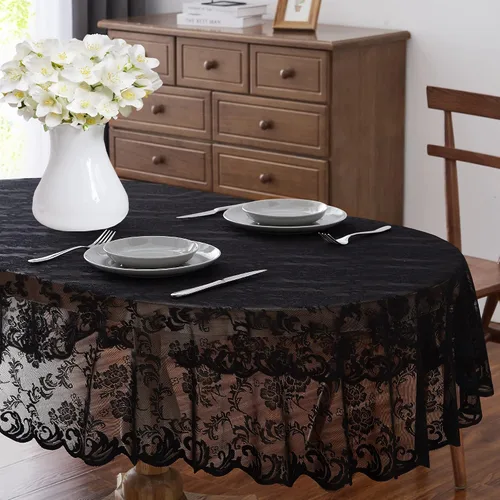 Miniatura 18 de ASATEX Mantel redondo de encaje de lino dorado de 48 pulgadas. El patrón floral clásico y elegante es la elección ideal para cualquier comedor