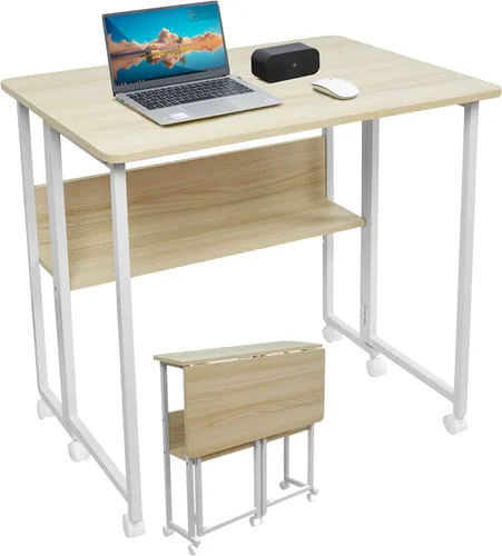 Mesa plegable pequeña de 32 pulgadas, mesa plegable con rodillos y pies fijos, marco de acero y parte superior de MDF, mesa de sofá para espacios