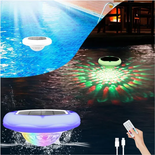 Miniatura 10 de Luces solares para piscina (1 unidad), 2600 mAh USB recargables luces flotantes flotantes de 6.7 pulgadas IP68 impermeable con control remoto, RGB