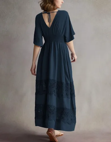 Miniatura 61 de Vestido largo de encaje para mujer de manga corta y cuello en V, vestido de fiesta estilo bohemio con cintura fruncida, vestido bohemio para mujer