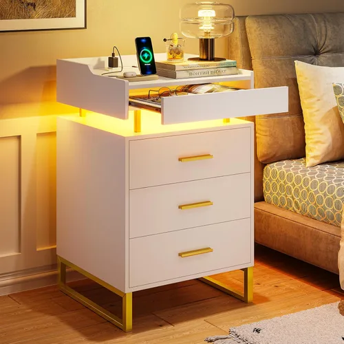 BTHFST Mesita de noche LED con estación de carga, mesita grande con 3 cajones y 1 bandeja extraíble, mesa de noche moderna con luces LED, mesa