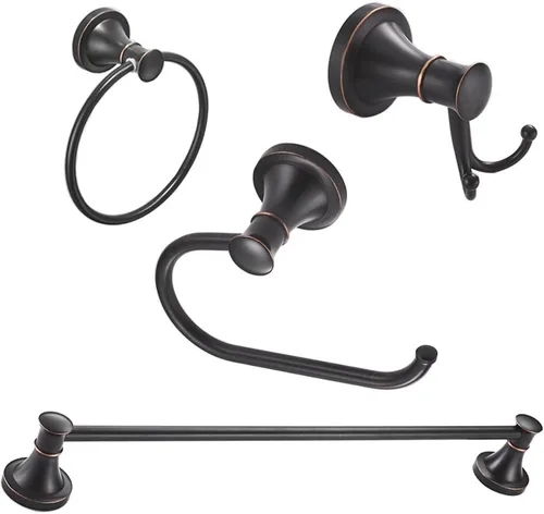 BESy Juego de 4 accesorios de baño de bronce aceitado (barra de toalla individual, anillo de toalla, soporte para papel higiénico, ganchos dobles