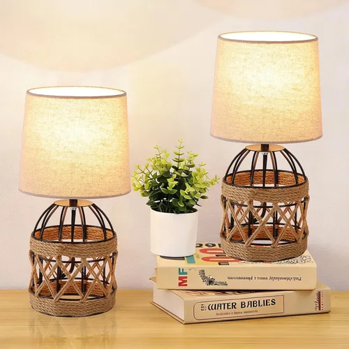 Miniatura 8 de Lámpara de mesa bohemia para dormitorio, pequeña lámpara de noche con base de jaula de metal de ratán y pantalla de lino, lámpara de mesita de noche