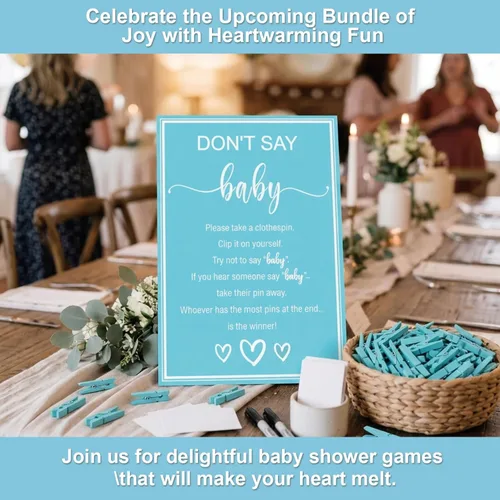 Miniatura 6 de Juegos de baby shower para niños, juego de Don't Say Baby Game, 1 letrero y 52 mini pines azules para ropa, juego de pinzas para ropa de baby shower