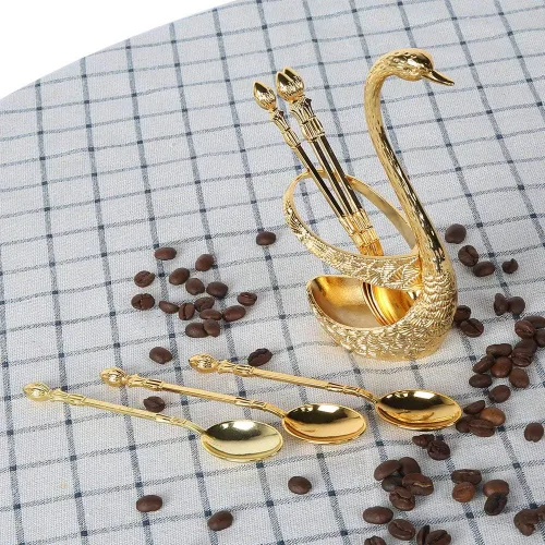 Miniatura 6 de Kit de cuchara de café con soporte en forma de cisne de aleación de zinc y 6 cucharas de café de acero inoxidable, juego de cucharas de comida