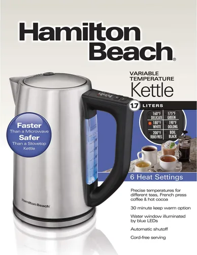 Miniatura 5 de Hamilton Beach Hervidor de té eléctrico de acero inoxidable de temperatura variable 41025